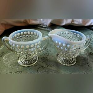 1942-1946 Anchor Hocking Opalescent Moonstone Hobnail Cream & Sugar SET